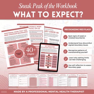 May include: A digital workbook preview featuring multiple pages with text and charts in shades of dusty rose and white. The content includes sections titled Emotional Signs That You Need Stronger Boundaries, Key Indicators, and Recognizing Red Flags.