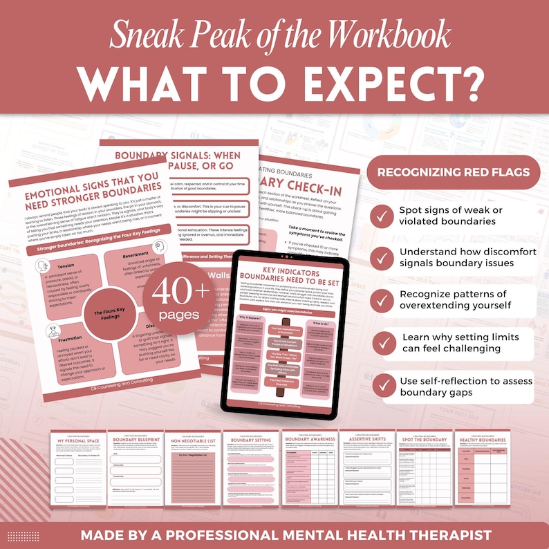 May include: A digital workbook preview featuring multiple pages with text and charts in shades of dusty rose and white. The content includes sections titled Emotional Signs That You Need Stronger Boundaries, Key Indicators, and Recognizing Red Flags.