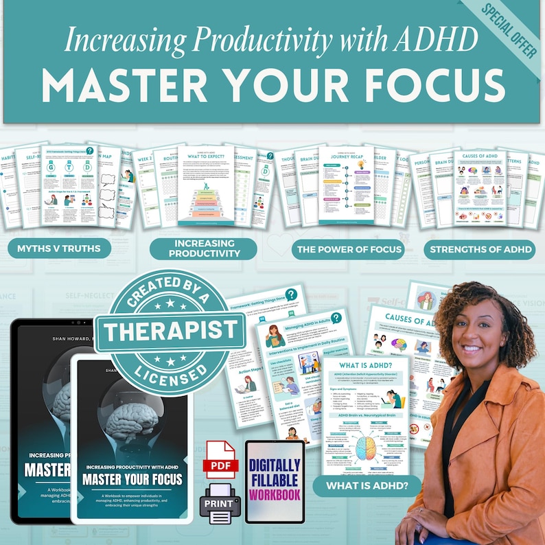 May include: A digital workbook for increasing productivity with ADHD. The workbook includes a variety of worksheets and activities to help people with ADHD manage their time, focus, and energy. The workbook is created by a licensed therapist and is available as a printable PDF or a digital, fillable workbook.
