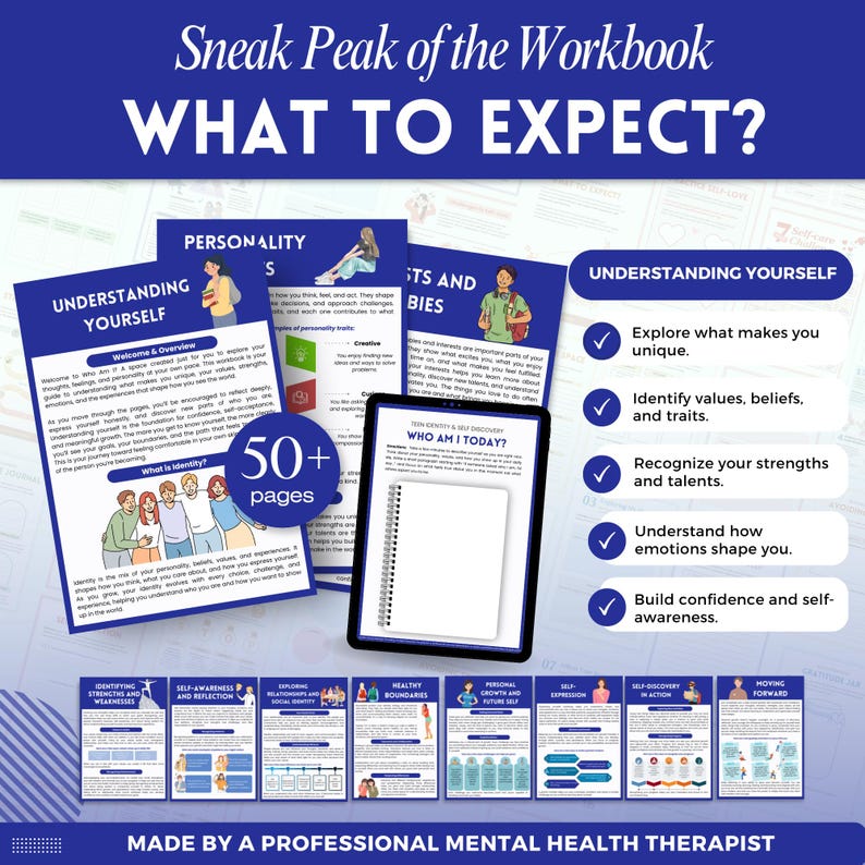 May include: An image showing a workbook titled "WHAT TO EXPECT?" with the words "UNDERSTANDING YOURSELF" and "WHO AM I TODAY?" visible. The workbook has over 50 pages and is designed by a professional mental health therapist. The image includes graphics and text.