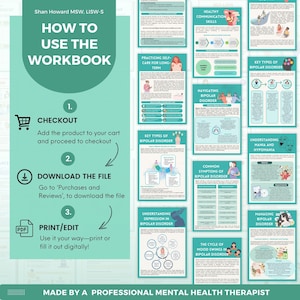 Puede incluir: Un cuaderno de trabajo turquesa y blanco con el t&iacute;tulo "How to Use the Workbook" e instrucciones para el pago, la descarga y la impresi&oacute;n/edici&oacute;n. El cuaderno de trabajo tambi&eacute;n incluye informaci&oacute;n sobre el trastorno bipolar y las habilidades de comunicaci&oacute;n saludable.