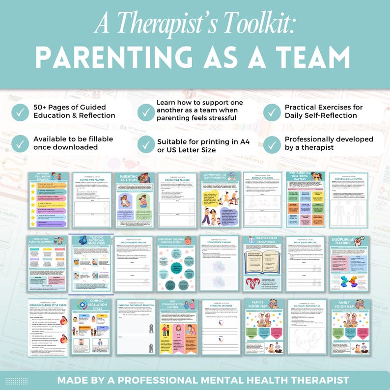 Pode incluir: Um kit de ferramentas de parentalidade digital intitulado "Parenting as a Team" com o texto "A Therapist's Toolkit". O kit de ferramentas inclui mais de 50 p&aacute;ginas de educa&ccedil;&atilde;o e reflex&atilde;o guiadas, exerc&iacute;cios pr&aacute;ticos e &eacute; adequado para impress&atilde;o em tamanho A4.