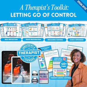 May include: A Therapist's Toolkit: Letting Go of Control. The image features a collection of digital workbooks and guides. The toolkit includes resources for self-reflection, trust restoration, and understanding control. The image also includes a woman smiling.