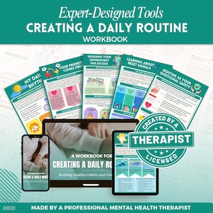 K&ouml;nnte beinhalten: Ein Arbeitsbuch mit dem Titel "Creating a Daily Routine" mit dem Text "Expert-Designed Tools" oben. Das Bild enth&auml;lt ein Tablet, ein Telefon und mehrere Arbeitsbl&auml;tter mit farbenfrohen Grafiken und Text. Das Arbeitsbuch wurde "von einem Therapeuten erstellt".