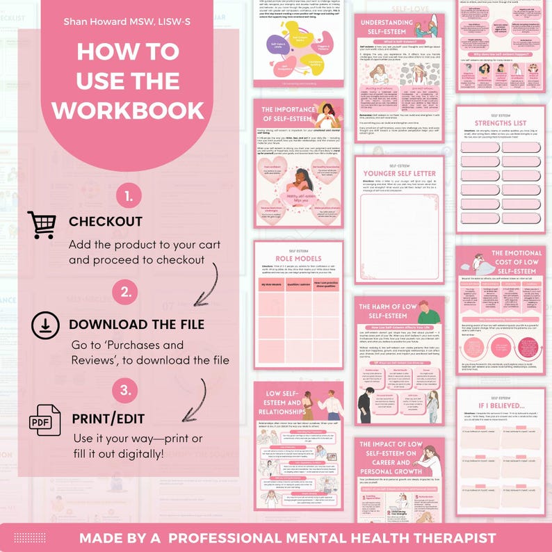 May include: A pink and white workbook with the title "HOW TO USE THE WORKBOOK" and instructions for checkout, download, and print/edit. The workbook includes pages on self-esteem, role models, and relationships.