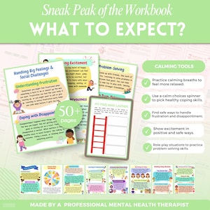 Puede incluir: Vista previa de un cuaderno de trabajo titulado "WHAT TO EXPECT?" que muestra p&aacute;ginas sobre el manejo de sentimientos, la resoluci&oacute;n de problemas y estrategias de afrontamiento. Las p&aacute;ginas incluyen texto e ilustraciones, con una "Escalera de mis sentimientos" y una secci&oacute;n de "Herramientas calmantes". El cuaderno tiene m&aacute;s de 50 p&aacute;ginas.