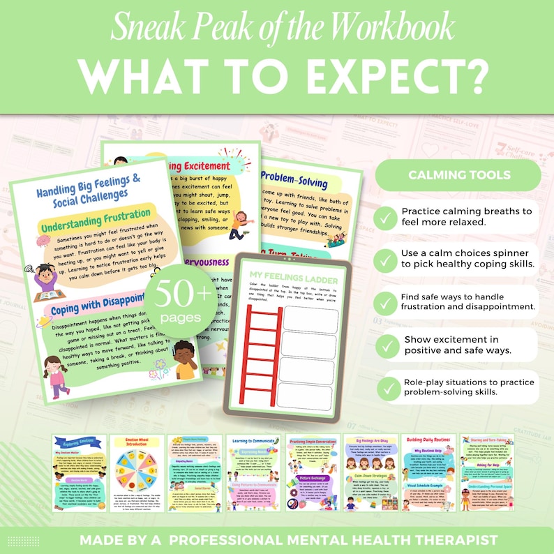 Puede incluir: Vista previa de un cuaderno de trabajo titulado "WHAT TO EXPECT?" que muestra p&aacute;ginas sobre el manejo de sentimientos, la resoluci&oacute;n de problemas y estrategias de afrontamiento. Las p&aacute;ginas incluyen texto e ilustraciones, con una "Escalera de mis sentimientos" y una secci&oacute;n de "Herramientas calmantes". El cuaderno tiene m&aacute;s de 50 p&aacute;ginas.