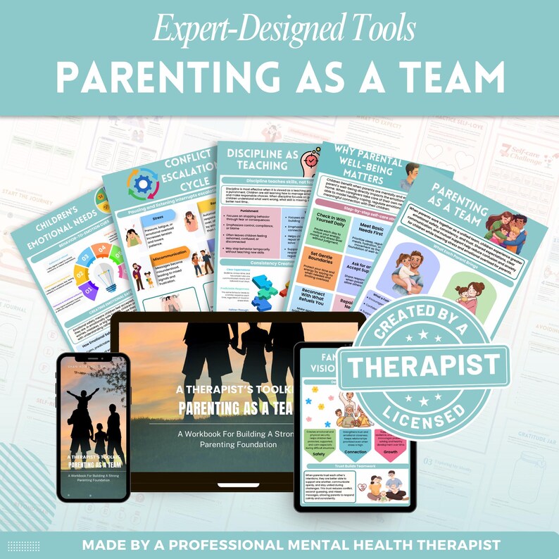 Pode incluir: Uma cole&ccedil;&atilde;o de recursos para pais, incluindo um livro de exerc&iacute;cios, smartphone, tablet e guias impressos. Os materiais apresentam o texto "Parenting as a Team" e s&atilde;o projetados por um terapeuta licenciado. O esquema de cores &eacute; principalmente verde-azulado e branco.