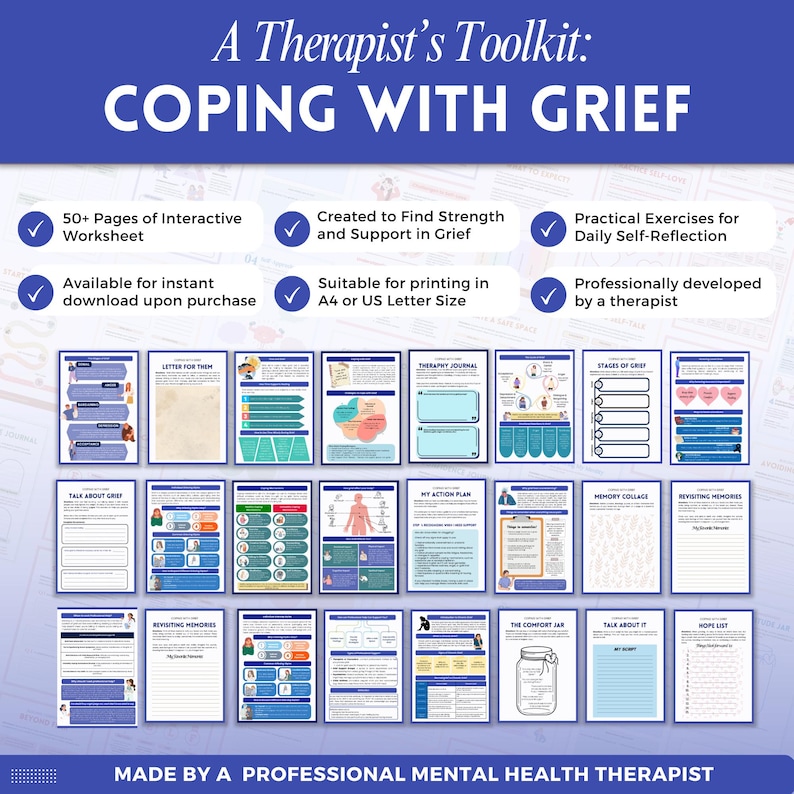 Grief and Loss a mental health digital and fillable workbook created by a licensed mental health therapist.
