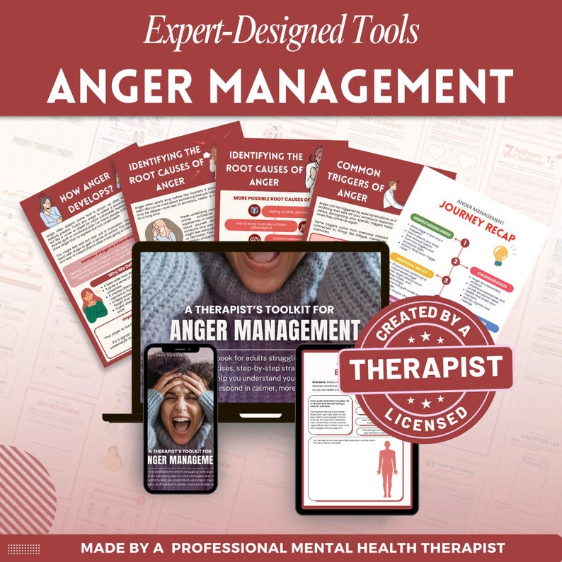 May include: A collection of educational materials for anger management, including a laptop, tablet, and smartphone displaying the toolkit's title. Several printed guides with titles like "How Anger Develops?" and "Identifying the Root Causes of Anger" are also visible. The image includes the text "Expert-Designed Tools."