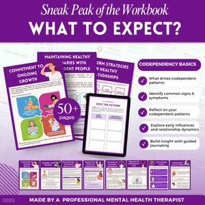 Puede incluir: Vista previa de un cuaderno de trabajo titulado &laquo;WHAT TO EXPECT?&raquo; con secciones sobre compromiso, relaciones saludables y codependencia. El cuaderno de trabajo incluye m&aacute;s de 50 p&aacute;ginas y una tableta que muestra un ejercicio &laquo;Spot the Pattern&raquo;. El texto dice &laquo;MADE BY A PROFESSIONAL MENTAL HEALTH THERAPIST&raquo;.