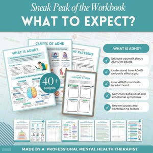 Increase productivity with ADHD a mental health digital and fillable workbook created by a licensed mental health therapist.