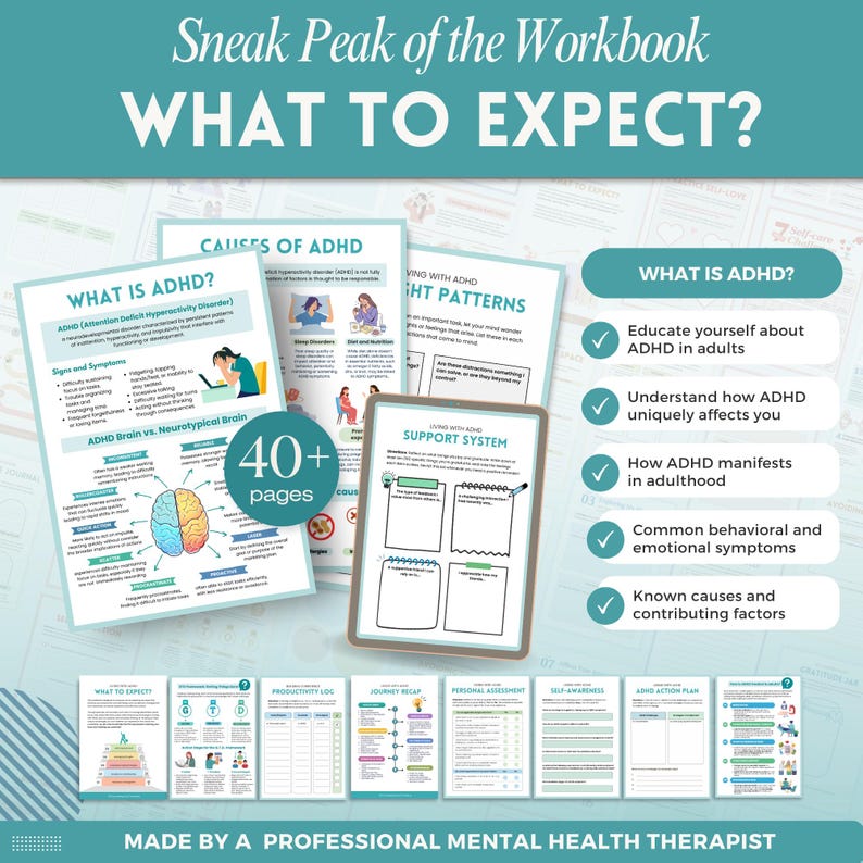 Increase productivity with ADHD a mental health digital and fillable workbook created by a licensed mental health therapist.