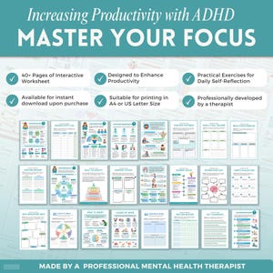 Increase productivity with ADHD a mental health digital and fillable workbook created by a licensed mental health therapist.