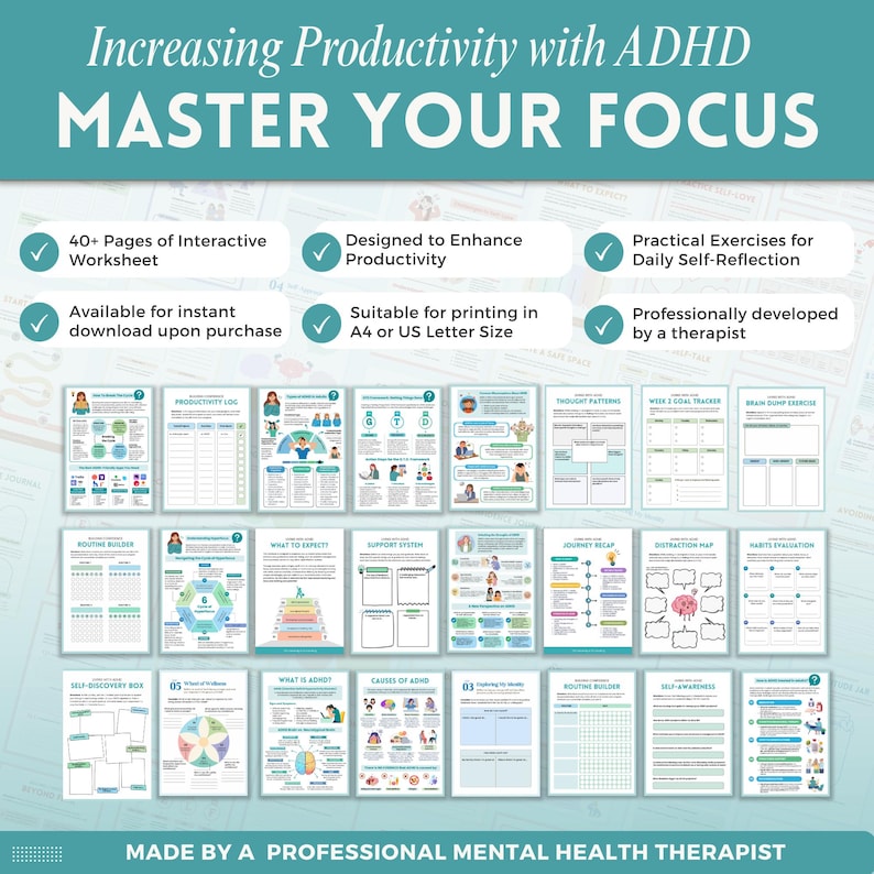 Increase productivity with ADHD a mental health digital and fillable workbook created by a licensed mental health therapist.