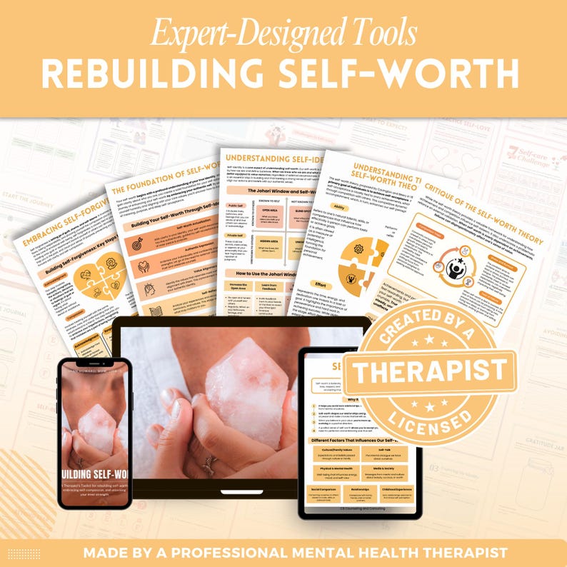 Puede incluir: Una colecci&oacute;n de documentos educativos titulados Expert-Designed Tools REBUILDING SELF-WORTH, con diagramas, texto y un sello circular que dice CREATED BY A LICENSED THERAPIST. Un port&aacute;til y un smartphone muestran manos sosteniendo un cristal rosa.