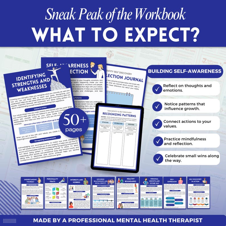 May include: A workbook titled "Sneak Peak of the Workbook: What to Expect?" with over 50 pages. The workbook covers topics like identifying strengths and weaknesses, self-awareness, and recognising patterns. It includes a section on building self-awareness.