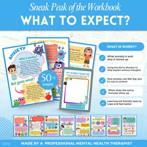 May include: A colorful workbook with a cartoon monster on the cover. The workbook is titled "Sneak Peak of the Workbook: What to Expect?" and is designed to help children understand and manage anxiety. The workbook includes over 50 pages of activities and exercises. The text on the cover reads "What is anxiety?" and "But guess what?"