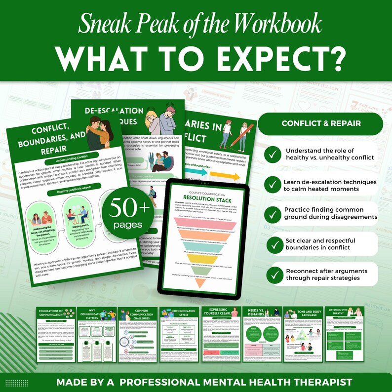 K&ouml;nnte beinhalten: Vorschau auf ein Arbeitsbuch mit dem Titel "Sneak Peak of the Workbook: What to Expect?" Das Bild zeigt Seiten zu Konflikten, Grenzen und Reparaturen, mit einem Tablet, das einen Kommunikationsl&ouml;sungsstapel anzeigt. Das Arbeitsbuch hat &uuml;ber 50 Seiten.