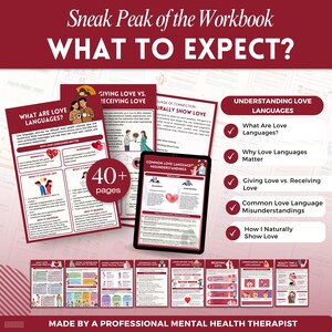 Puede incluir: Imagen promocional de un libro de trabajo titulado "What to Expect?" con el texto "Sneak Peak of the Workbook" en la parte superior. La imagen presenta varias p&aacute;ginas con t&iacute;tulos como "What Are Love Languages?" y "Giving Love vs. Receiving Love."