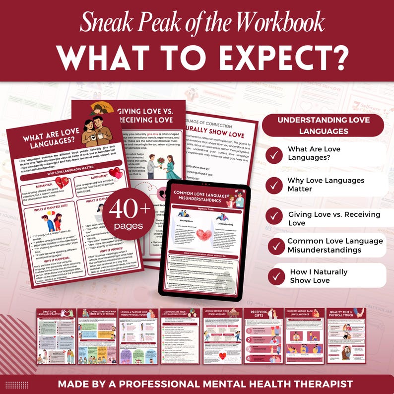 Puede incluir: Imagen promocional de un libro de trabajo titulado "What to Expect?" con el texto "Sneak Peak of the Workbook" en la parte superior. La imagen presenta varias p&aacute;ginas con t&iacute;tulos como "What Are Love Languages?" y "Giving Love vs. Receiving Love."