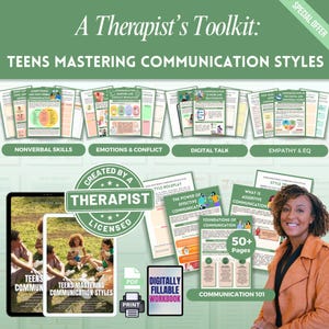 May include: A Therapist's Toolkit for teens, featuring a collection of educational materials. The image showcases a variety of resources, including workbooks, guides, and digital tools, with topics like nonverbal skills and emotional intelligence.