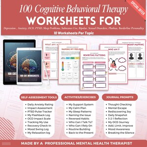 CBT Worksheets a mental health digital and fillable workbook created by a licensed mental health therapist.