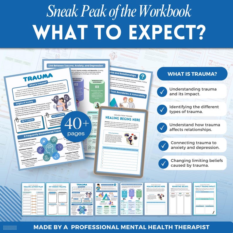 Healing from trauma a mental health digital and fillable workbook created by a licensed mental health therapist.