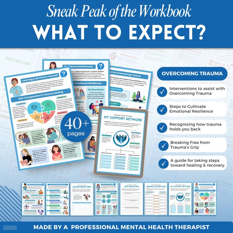 Healing from trauma a mental health digital and fillable workbook created by a licensed mental health therapist.
