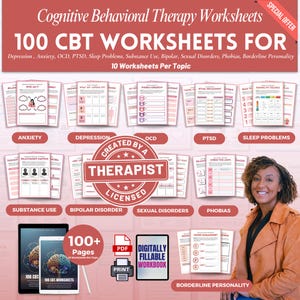 Może przedstawiać: Produkt cyfrowy zawierający 100 arkuszy ćwiczeń z terapii poznawczo-behawioralnej (CBT) dla różnych problemów ze zdrowiem psychicznym, w tym depresji, lęku, zaburzeń obsesyjno-kompulsyjnych, zespołu stresu pourazowego, problemów ze snem, używania substancji psychoaktywnych, zaburzeń afektywnych dwubiegunowych, zaburzeń seksualnych, fobii i zaburzeń osobowości typu borderline. Arkusze ćwiczeń są zorganizowane w 10 tematów, z 10 arkuszami ćwiczeń na temat. Produkt został stworzony przez licencjonowanego terapeutę i jest dostępny jako plik PDF do wydruku i jako cyfrowy, wypełniany formularz.