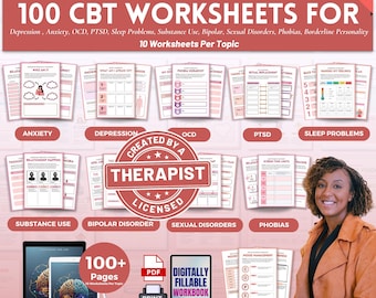 CBT Worksheet Bundle, 100 Worksheets, Cognitive Behavioral Therapy, For Therapist, Counselors, Psychologist, CBT Substance Abuse, Anxiety