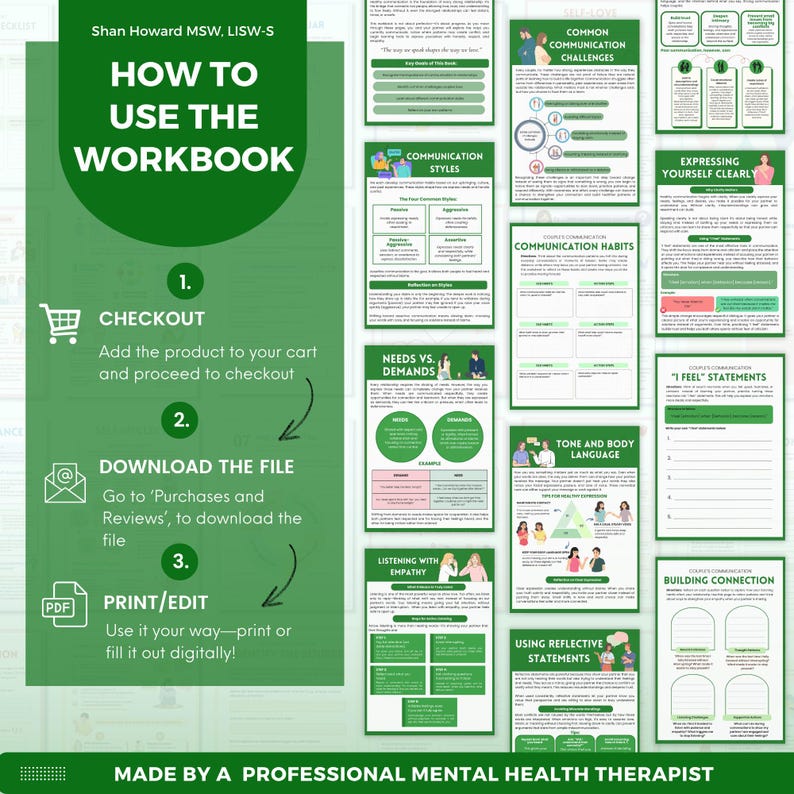 K&ouml;nnte beinhalten: Ein digitales Arbeitsbuch mit gr&uuml;nen und wei&szlig;en Seiten mit dem Titel "How to Use the Workbook". Das Bild enth&auml;lt Anweisungen zum Bezahlen, Herunterladen und Drucken. Zus&auml;tzliche Seiten behandeln Kommunikationsstile, Herausforderungen, Gewohnheiten und das klare Ausdr&uuml;cken von sich selbst.