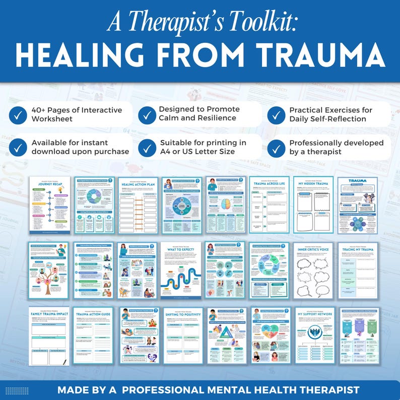 Healing from trauma a mental health digital and fillable workbook created by a licensed mental health therapist.