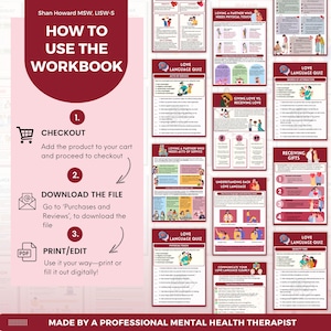 Puede incluir: Un cuaderno de trabajo granate y blanco con instrucciones sobre c&oacute;mo usarlo. El cuaderno de trabajo incluye pasos para el pago, la descarga del archivo y la impresi&oacute;n/edici&oacute;n. El cuaderno de trabajo tambi&eacute;n contiene cuestionarios e informaci&oacute;n sobre los lenguajes del amor.