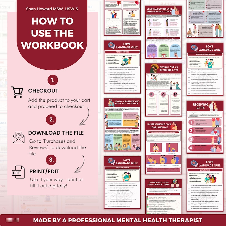 Puede incluir: Un cuaderno de trabajo granate y blanco con instrucciones sobre c&oacute;mo usarlo. El cuaderno de trabajo incluye pasos para el pago, la descarga del archivo y la impresi&oacute;n/edici&oacute;n. El cuaderno de trabajo tambi&eacute;n contiene cuestionarios e informaci&oacute;n sobre los lenguajes del amor.