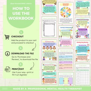 Puede incluir: Un cuaderno de trabajo con un dise&ntilde;o verde y blanco, titulado "How to Use the Workbook". Incluye instrucciones para el pago, la descarga y la impresi&oacute;n. El cuaderno de trabajo presenta p&aacute;ginas sobre emociones, comunicaci&oacute;n y rutinas diarias. Texto: "Made by a Professional Mental Health Therapist."