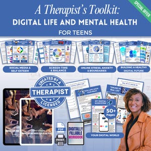 Könnte beinhalten: Ein digitales Toolkit für Teenager, das sich auf digitales Leben und psychische Gesundheit konzentriert. Das Bild zeigt Arbeitsblätter und Anleitungen zu Themen wie soziale Medien, Bildschirmzeit und Online-Stress. Enthält ein digitales Arbeitsbuch mit über 50 Seiten.