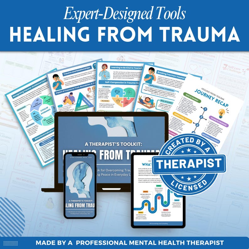 Healing from trauma a mental health digital and fillable workbook created by a licensed mental health therapist.