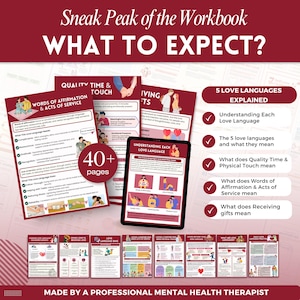 Puede incluir: Una vista previa de un cuaderno de trabajo titulado "WHAT TO EXPECT?" que muestra p&aacute;ginas que explican los 5 lenguajes del amor. Las p&aacute;ginas incluyen "Palabras de afirmaci&oacute;n y actos de servicio" y "Tiempo de calidad y contacto f&iacute;sico". Una tableta muestra "Comprendiendo cada lenguaje del amor".