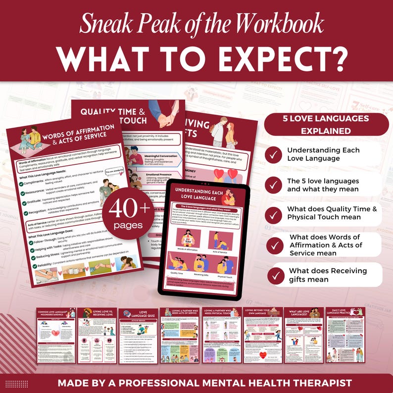 Puede incluir: Una vista previa de un cuaderno de trabajo titulado "WHAT TO EXPECT?" que muestra p&aacute;ginas que explican los 5 lenguajes del amor. Las p&aacute;ginas incluyen "Palabras de afirmaci&oacute;n y actos de servicio" y "Tiempo de calidad y contacto f&iacute;sico". Una tableta muestra "Comprendiendo cada lenguaje del amor".