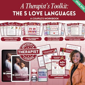 Puede incluir: Imagen promocional de un kit de herramientas de terapeuta: Los 5 lenguajes del amor. La imagen presenta a una mujer sonriendo, junto con una colección de cuadernos de trabajo y recursos digitales. Los temas incluyen el descubrimiento de los lenguajes del amor y la comunicación.