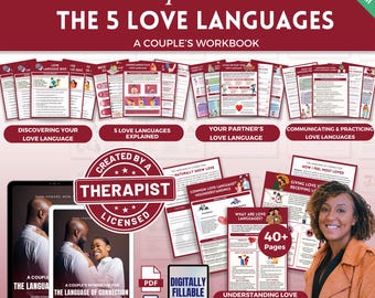 Puede incluir: Imagen promocional de un kit de herramientas de terapeuta: Los 5 lenguajes del amor. La imagen presenta a una mujer sonriendo, junto con una colección de cuadernos de trabajo y recursos digitales. Los temas incluyen el descubrimiento de los lenguajes del amor y la comunicación.