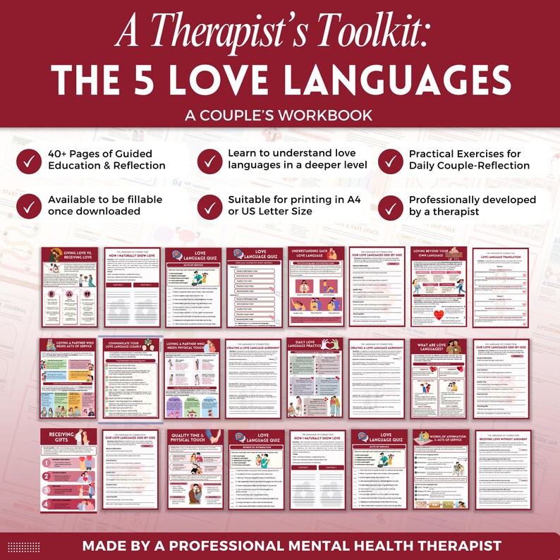 Puede incluir: Un cuaderno de trabajo titulado "A Therapist's Toolkit: The 5 Love Languages" con fondo burdeos. Incluye m&aacute;s de 40 p&aacute;ginas de educaci&oacute;n y reflexi&oacute;n guiadas, ejercicios y cuestionarios. Dise&ntilde;ado para parejas, es apto para imprimir en tama&ntilde;o A4 o US Letter.