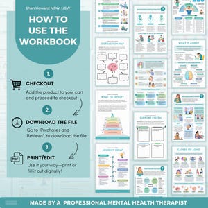 May include: A teal and white graphic with the text "How to Use the Workbook" and instructions on how to download and use the workbook. The workbook is for people with ADHD and includes worksheets on topics such as distraction, support systems, and causes of ADHD.