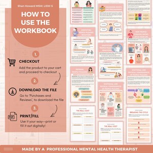 Puede incluir: Un cuaderno de trabajo en tonos melocot&oacute;n y blanco, dise&ntilde;ado para ayudar a los usuarios a comprender y abordar los comportamientos de complacer a los dem&aacute;s. La portada dice "C&oacute;mo usar el cuaderno de trabajo". En el interior, hay varias p&aacute;ginas con diagramas y texto.