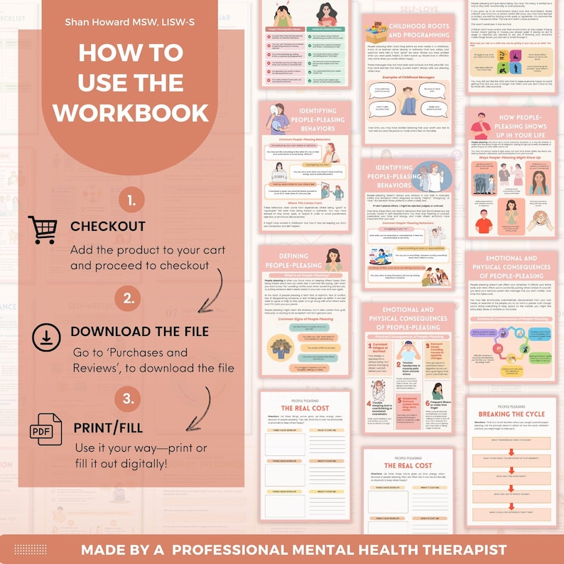 Puede incluir: Un cuaderno de trabajo en tonos melocot&oacute;n y blanco, dise&ntilde;ado para ayudar a los usuarios a comprender y abordar los comportamientos de complacer a los dem&aacute;s. La portada dice "C&oacute;mo usar el cuaderno de trabajo". En el interior, hay varias p&aacute;ginas con diagramas y texto.