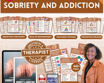 May include: A therapist's toolkit for sobriety and addiction. The digital workbook includes 40+ pages of information and exercises. The cover features a brain graphic and the text "A Therapist's Toolkit: Sobriety & Addiction".
