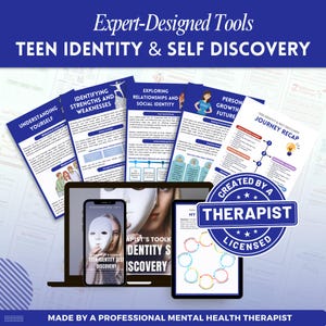 May include: Educational resources for teenagers focusing on identity and self-discovery. The image shows printed guides, a laptop, a smartphone, and a tablet, all displaying related content. The text includes "Expert-Designed Tools" and "Created by a Therapist."