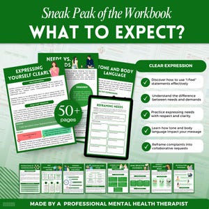 K&ouml;nnte beinhalten: Ein Arbeitsbuch mit dem Titel "Sneak Peak of the Workbook WHAT TO EXPECT?" mit Seiten zur Kommunikation, darunter "Sich klar ausdr&uuml;cken" und "Ton- und K&ouml;rpersprache". Das Arbeitsbuch hat &uuml;ber 50 Seiten und wird von einem professionellen Psychotherapeuten erstellt.