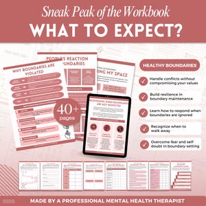 May include: A digital workbook titled Sneak Peak of the Workbook WHAT TO EXPECT? featuring pages on boundary setting, healthy boundaries, and conflict resolution. The layout includes a tablet, multiple document sheets, and a 40+ pages badge.
